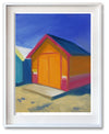 A painting capturing a brightly colored orange beach cottage found in Brisbane, Australia surrounded by a periwinkle blue sky. Museum quality art reproduction printed on heavy archival fine