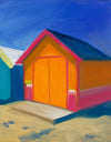 A painting capturing a brightly colored orange beach cottage found in Brisbane, Australia surrounded by a periwinkle blue sky. Museum quality art reproduction printed on heavy archival fine